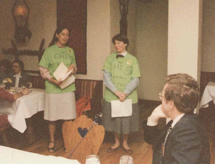 Bly with Susan Dray (right) at the ACM CHI Conference on Human Factors in Computing Systems in San Francisco, CA in April 1985.