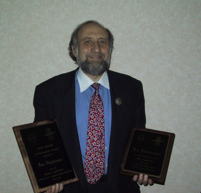 Ben Shneiderman receiving his SIGCHI Achievement Award and membership to the CHI Academy at the ACM CHI Conference on Human Factors in Computing Systems in Seattle, WA, March 31 - April 5, 2001.