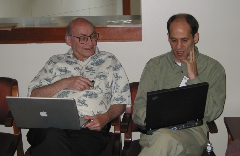 Bederson (r) and Marvin Minsky at the Interaction Design and Children Conference in Baltimore, MD, June 2, 2004.